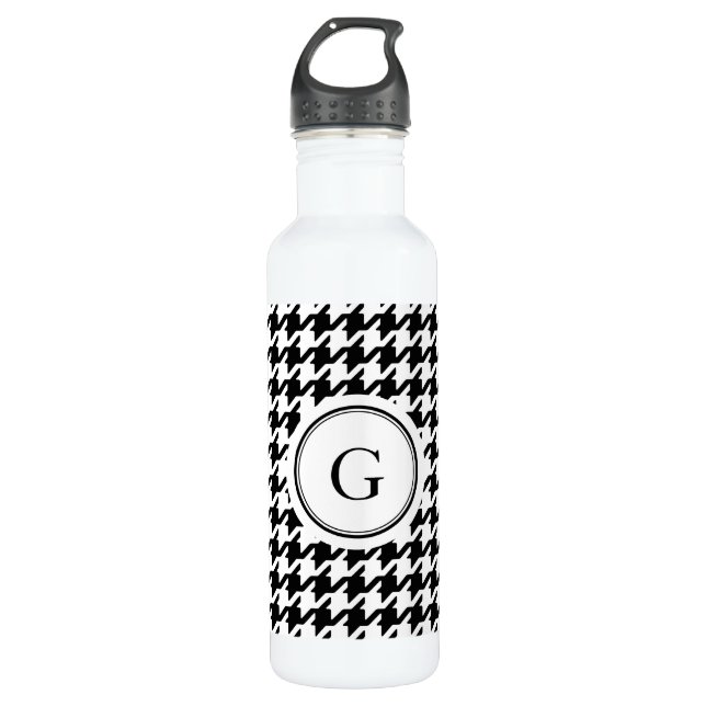 Classy black white houndstooth pattern monogram 710 ml water bottle (Front)