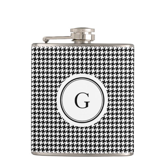 Classy black white houndstooth pattern monogram hip flask (Front)