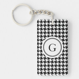 Classy black white houndstooth pattern monogram key ring