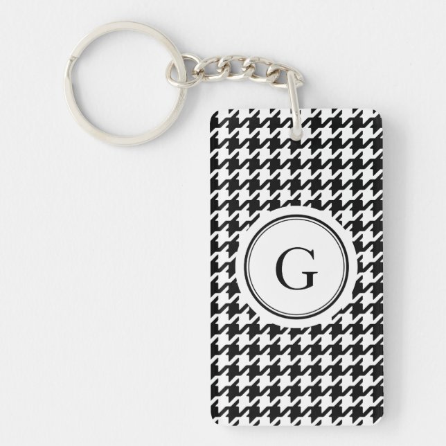Classy black white houndstooth pattern monogram key ring (Front)