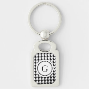 Classy black white houndstooth pattern monogram key ring