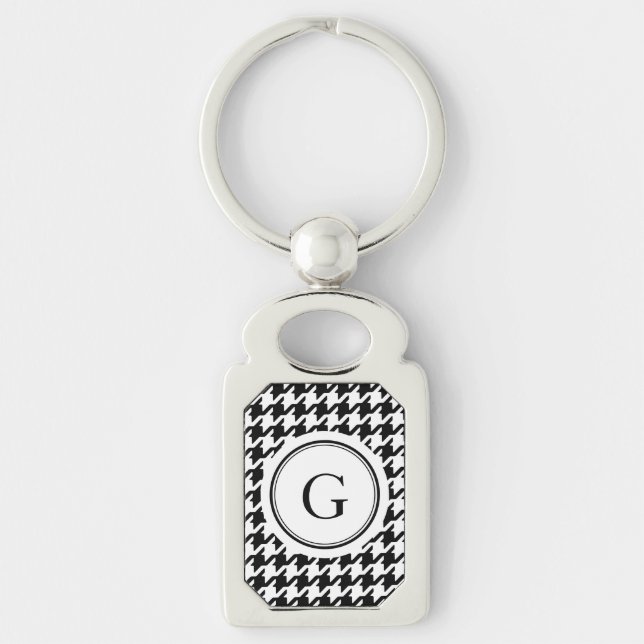Classy black white houndstooth pattern monogram key ring (Front)