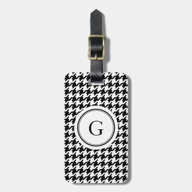Classy black white houndstooth pattern monogram luggage tag (Front Vertical)