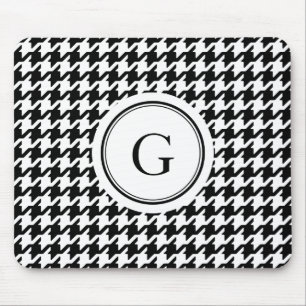 Classy black white houndstooth pattern monogram mouse mat