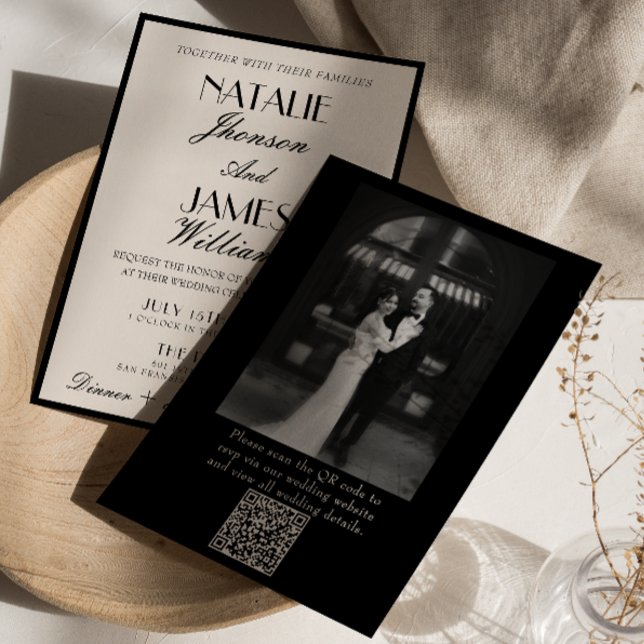 Classy Black White Old Money Photo QR Code Wedding Invitation (Creator Uploaded)