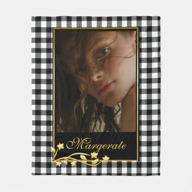 Classy Black & White Personalised Photo Gold Frame Fleece Blanket (Front)