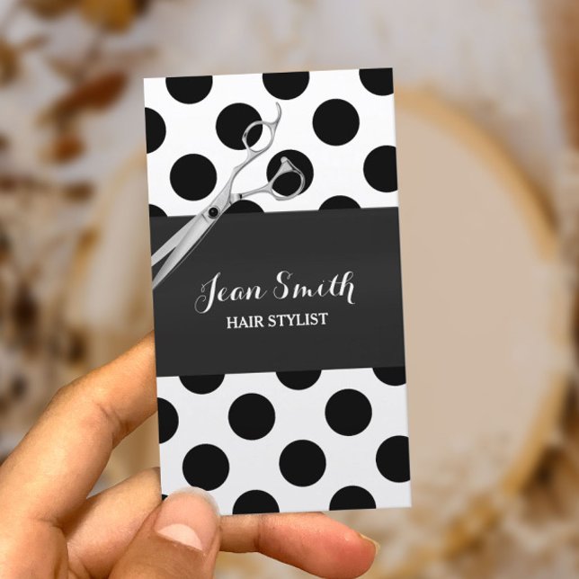Classy Black & White Polka Dots Hair Stylist Business Card (Creator Uploaded)