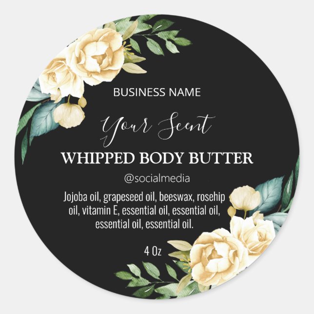 Classy Black White Rose Body Butter Labels (Front)