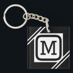 Classy Black & White Simple Square Lined Monogram Key Ring<br><div class="desc">A classy black & white design consisting of a white rectangular square in the middle with elegant black and white lines on either side. Includes a fully customisable black initialled monogram in the middle. All elements in this design are fully customisable, meaning you can change any element to any colour,...</div>