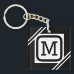 Classy Black & White Simple Square Lined Monogram Key Ring<br><div class="desc">A classy black & white design consisting of a white rectangular square in the middle with elegant black and white lines on either side. Includes a fully customisable black initialled monogram in the middle. All elements in this design are fully customisable, meaning you can change any element to any colour,...</div>