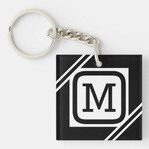 Classy Black & White Simple Square Lined Monogram Key Ring