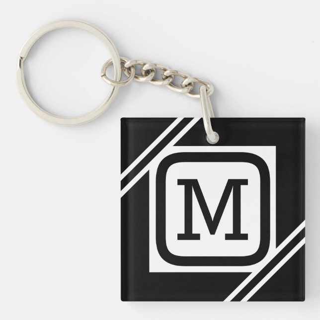 Classy Black & White Simple Square Lined Monogram Key Ring (Front)
