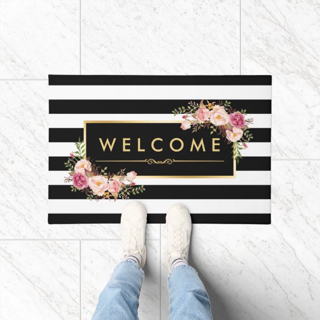 Classy Black White Stripes Beautiful Floral Decor Doormat (Indoor)