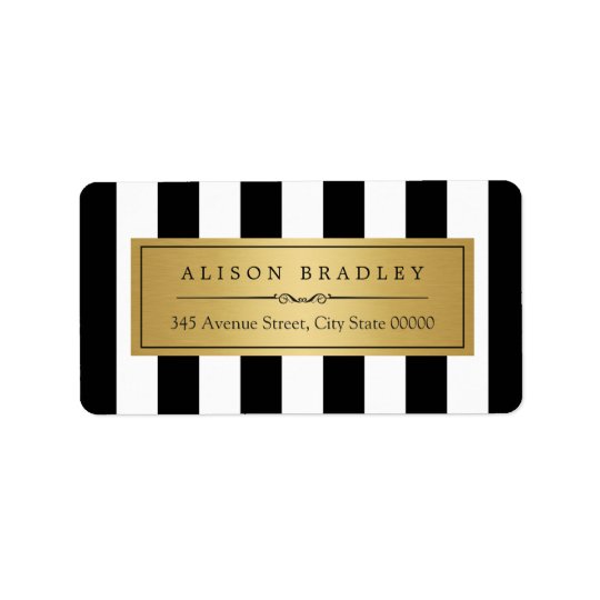Classy Black White Stripes Bold Gold Label Address Label