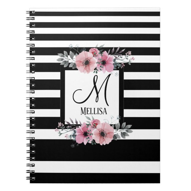 Classy black white stripes floral monogram name notebook (Front)