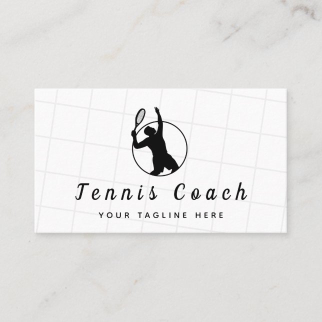 Classy Black & White Tennis Coach Professional     Business Card (Front)