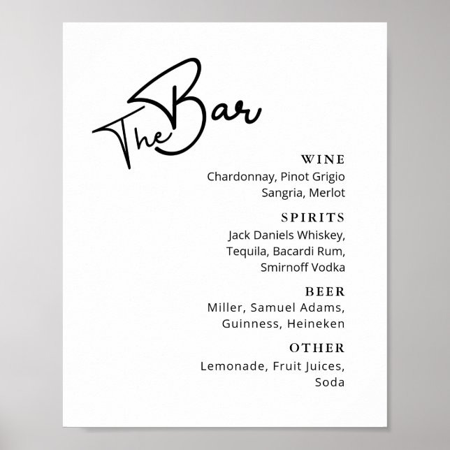 Classy Black white typography wedding bar menu Pos Poster (Front)