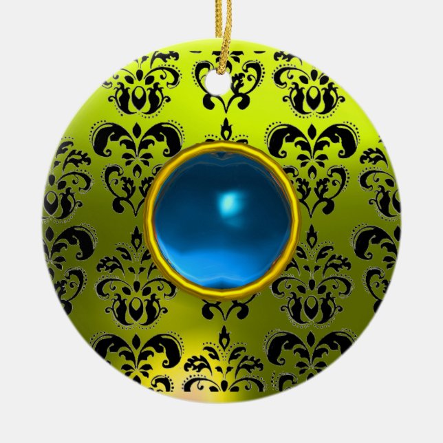 CLASSY BLACK YELLOW DAMASK GEM STONE CERAMIC TREE DECORATION (Front)