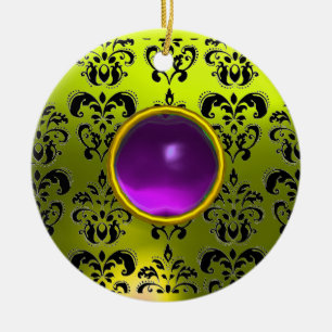 CLASSY BLACK YELLOW DAMASK GEM STONE CERAMIC TREE DECORATION