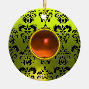 CLASSY BLACK YELLOW DAMASK GEM STONE CERAMIC TREE DECORATION