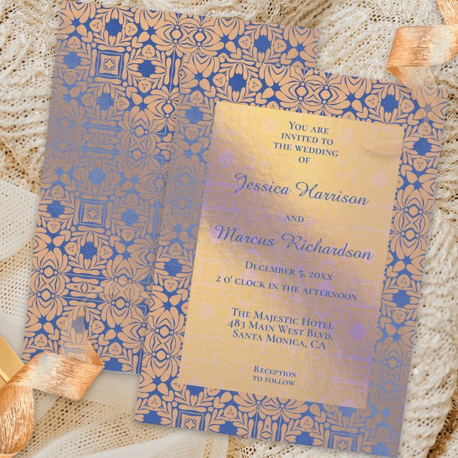 Classy Blue and Gold Foil Floral Patterned Wedding Invitation (Creator Uploaded)