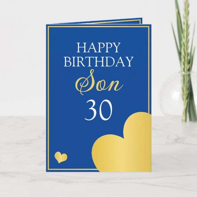 Classy Blue and Gold Heart Son 30th Birthday Card (Front)