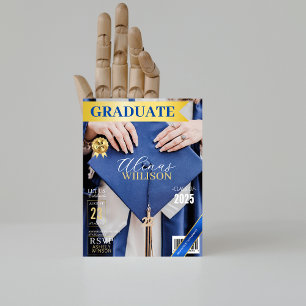 Classy blue and gold magazine photo graduation invitation