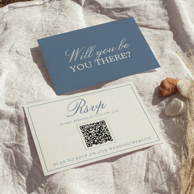Classy Blue And White Old Money QR Code Wedding RSVP Card (Creator Uploaded)