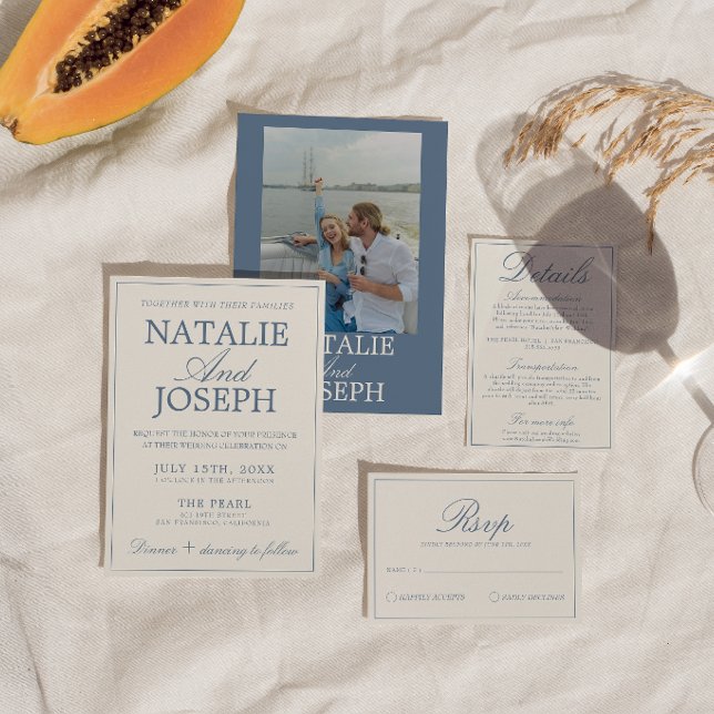 Classy Blue And White Old Money Retro Wedding Invitation (Creator Uploaded)
