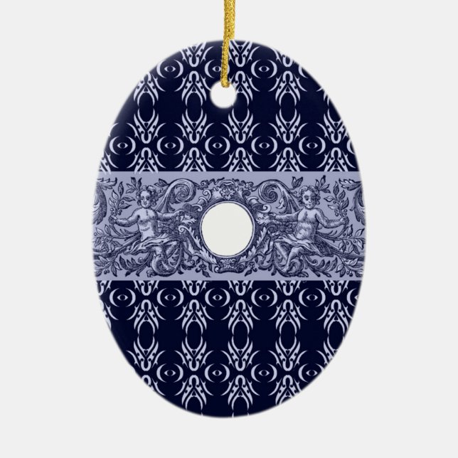 Classy Blue Baroque Pattern by LeahG - cherubs Ceramic Tree Decoration (Front)
