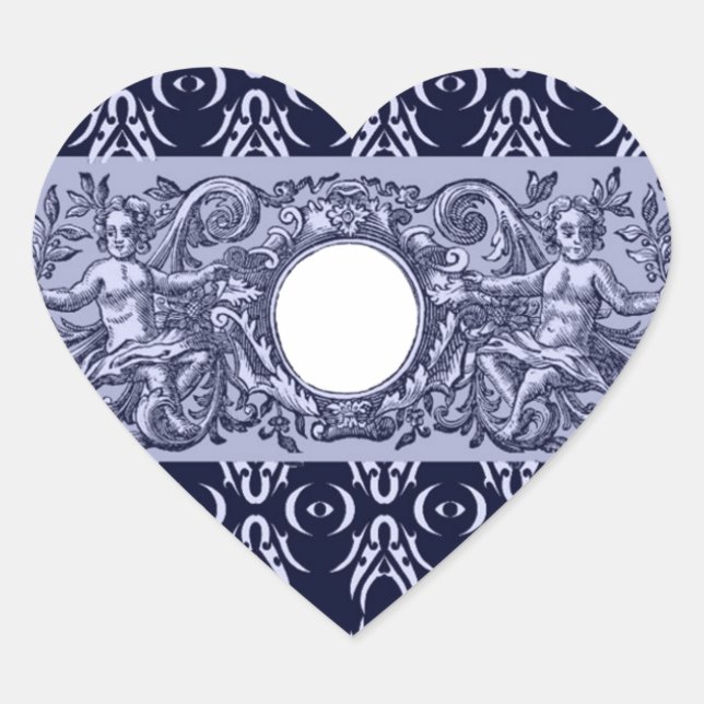 Classy Blue Baroque Pattern by LeahG - cherubs Heart Sticker (Front)