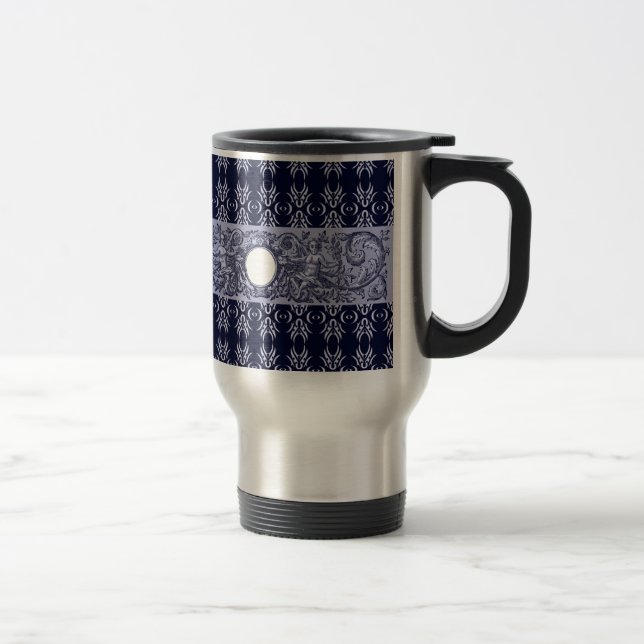 Classy Blue Baroque Pattern by LeahG - cherubs Travel Mug (Right)