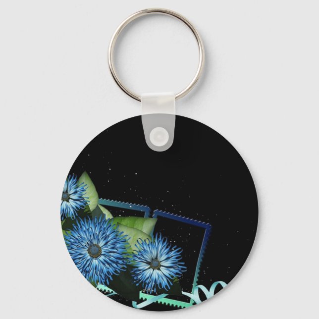 Classy blue black floral gifts - personalise names key ring (Front)