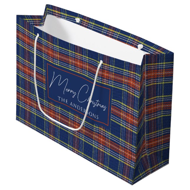 Classy Blue Burnt Orange Scottish Tartan Christmas Large Gift Bag (Front Angled)