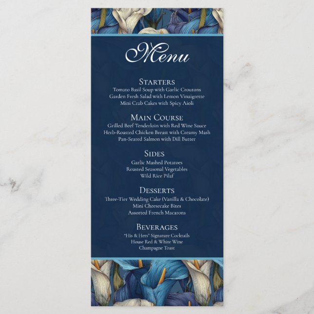 Classy Blue Calla Lily Rustic Wedding Theme Menu (Front)