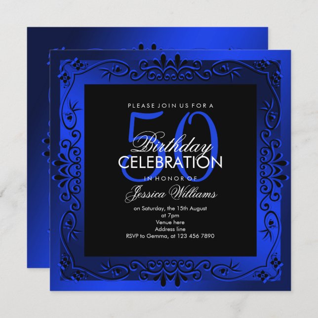 Classy Blue Decorative Framed 50th Birthday Invitation (Front/Back)