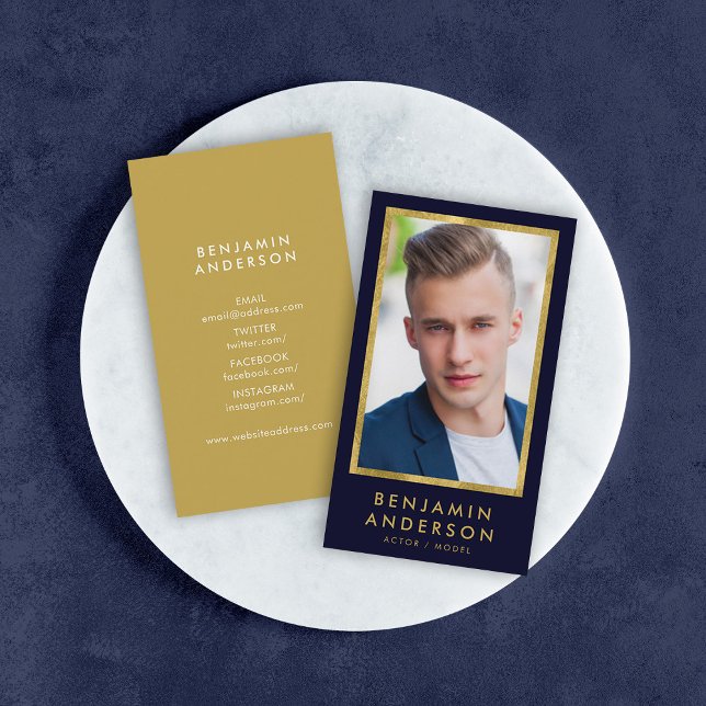 Classy Blue Faux Gold Headshot Photo Business Card (Creator Uploaded)