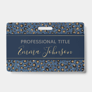 Classy Blue Glitter Black Gold Leopard Print ID Badge