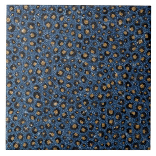 Classy Blue Glitter Black Gold Leopard Print Tile