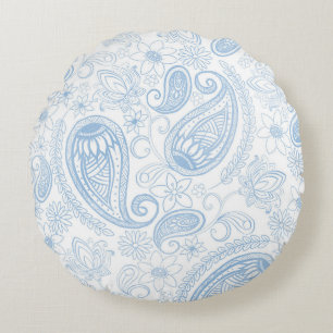 Classy Blue Glitter Paisley Floral White Pattern Round Cushion