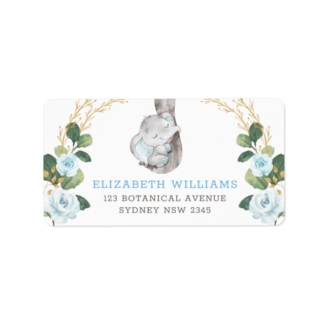 Classy Blue & Gold Elephant Baby Floral Greenery Label (Front)