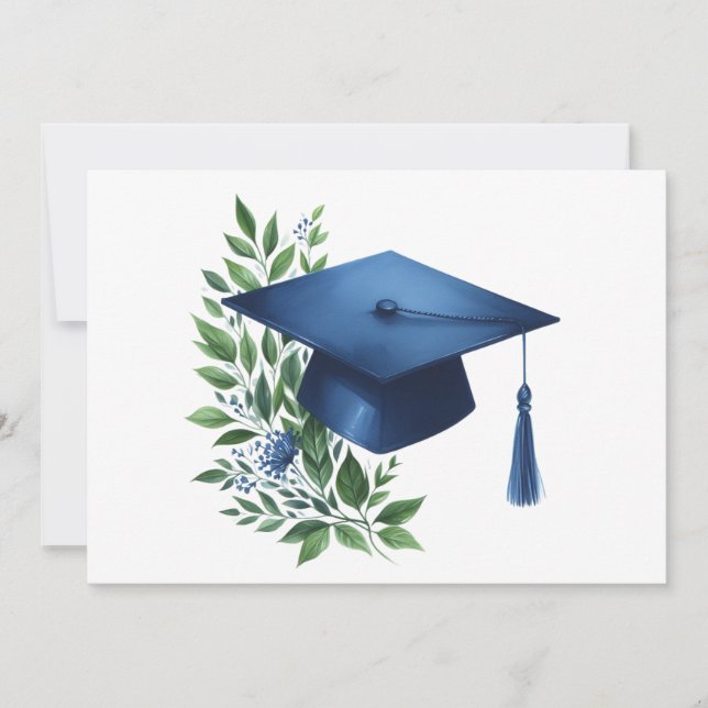 Classy Blue Graduation Cap and Green Botanical Thank You Card (Front)