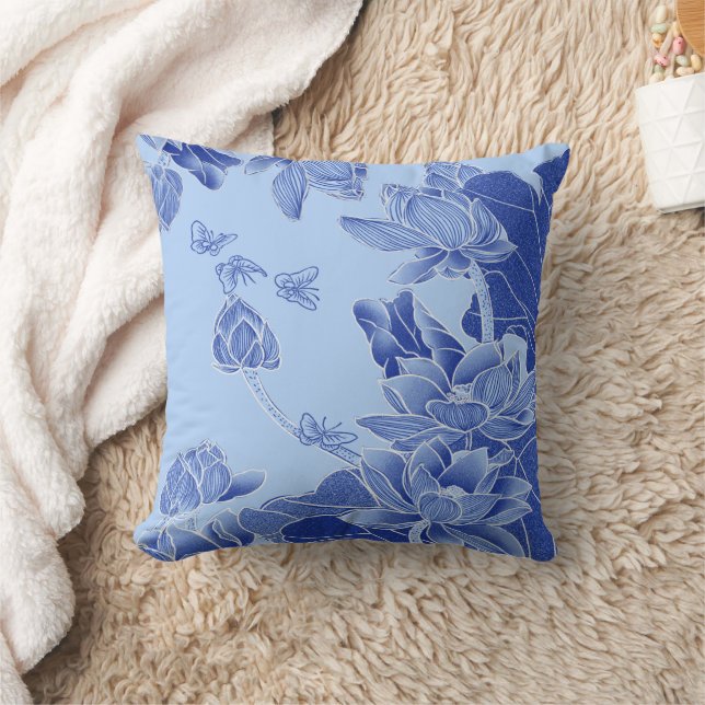 Classy Blue Modern Chinoiserie Chic Lotus Floral Cushion (Blanket)