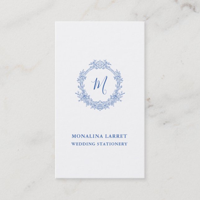 Classy Blue Ornamental Roses Frame Monogram  Business Card (Front)