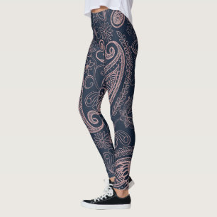 Classy Blue Rose Gold Glitter Paisley Floral Leggings