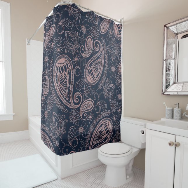 Classy Blue Rose Gold Glitter Paisley Floral Shower Curtain (In Situ)