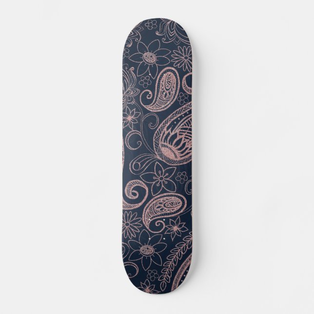 Classy Blue Rose Gold Glitter Paisley Floral Skateboard (Front)