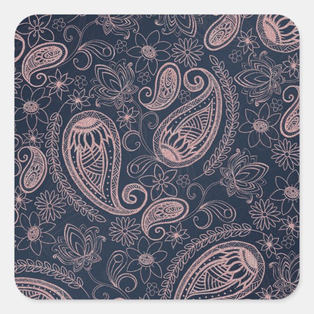 Classy Blue Rose Gold Glitter Paisley Floral Square Sticker (Front)