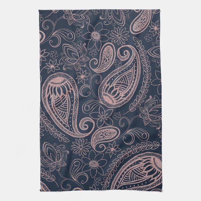 Classy Blue Rose Gold Glitter Paisley Floral Tea Towel (Vertical)