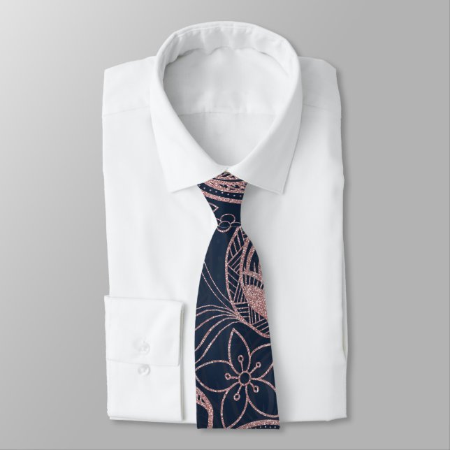 Classy Blue Rose Gold Glitter Paisley Floral Tie (Tied)